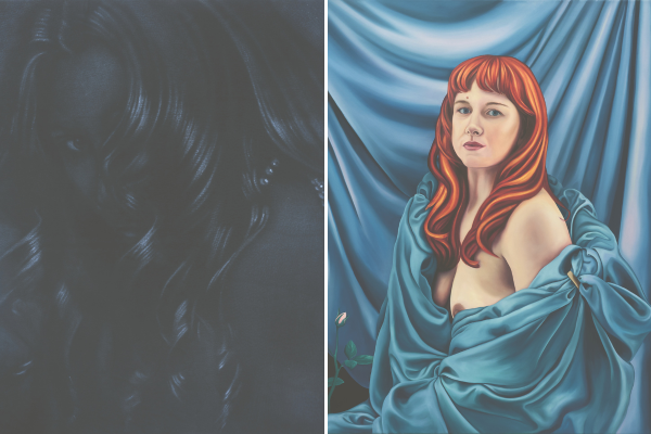 (Left) Elle Wickens, Love & Pain (Kansas), 2024, Oil on suede, 65 x 55cm. (Right) Kansas Smeaton, Thorns and Roses (Elle), 2024, oil on canvas