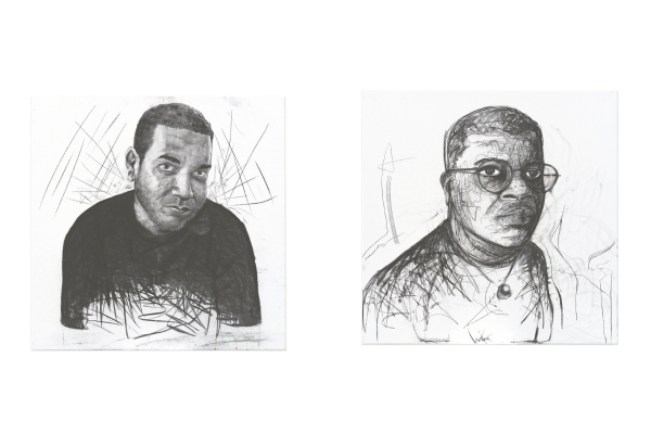(Left) Dylan Mooney, Portrait of Tony, charcoal on canvas, 100 x 100cm. (Right) Tony Albert, Portrait of Dylan, charcoal on canvas, 100 x 100cm.